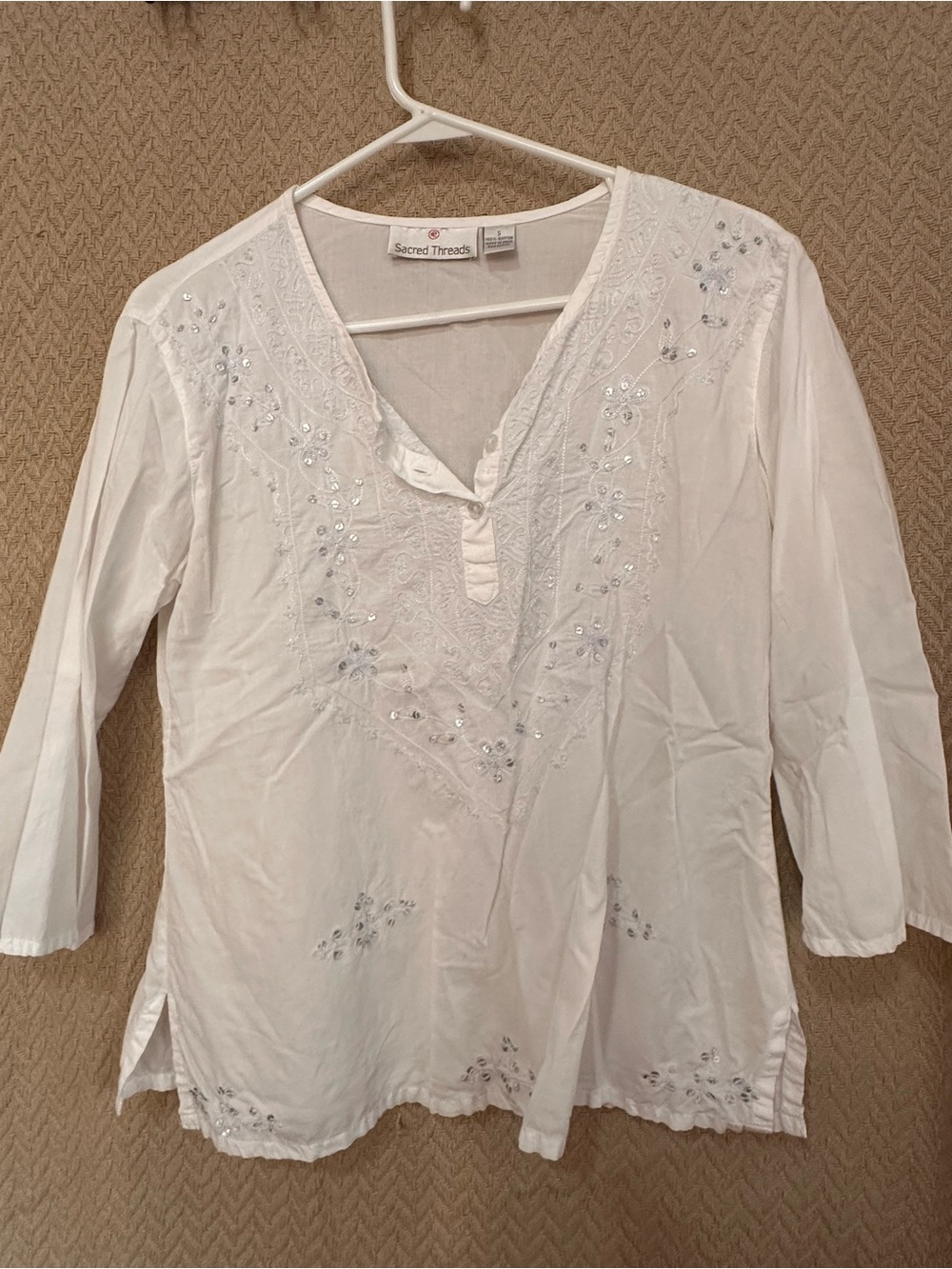 Sacred Threads White Embroidered Sequin V-Neck Tunic
